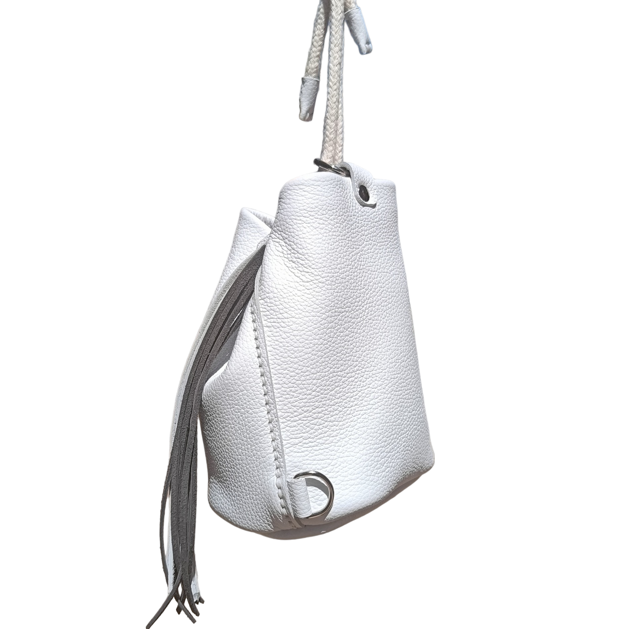 mini-camélée sac seau maroquinerie éthique responsable cuir sac à main frange collection optimiste faméthic marseille rose blanc bleu lavande