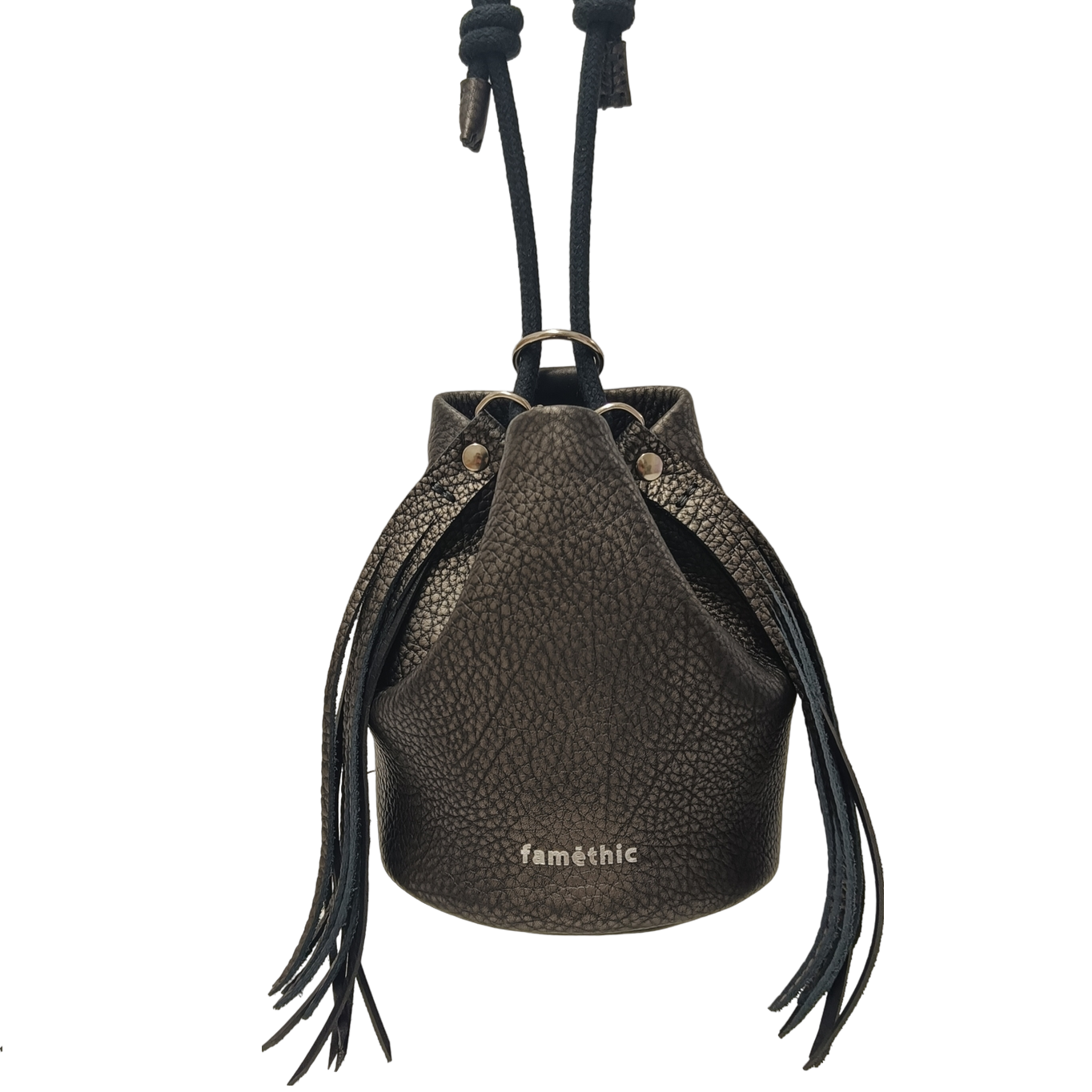 sac à dos bandoulière sac seau frange cuir français noir argenté bronze faméthic maroquinerie fabrication française made in france