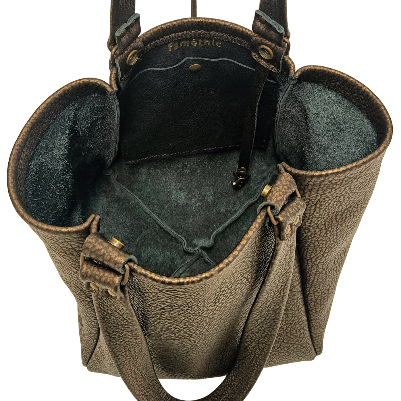 ophrys bronze noir argenté faméthic maroquinerie cuir français éthique mode durable cabas sac en cuir porté épaule