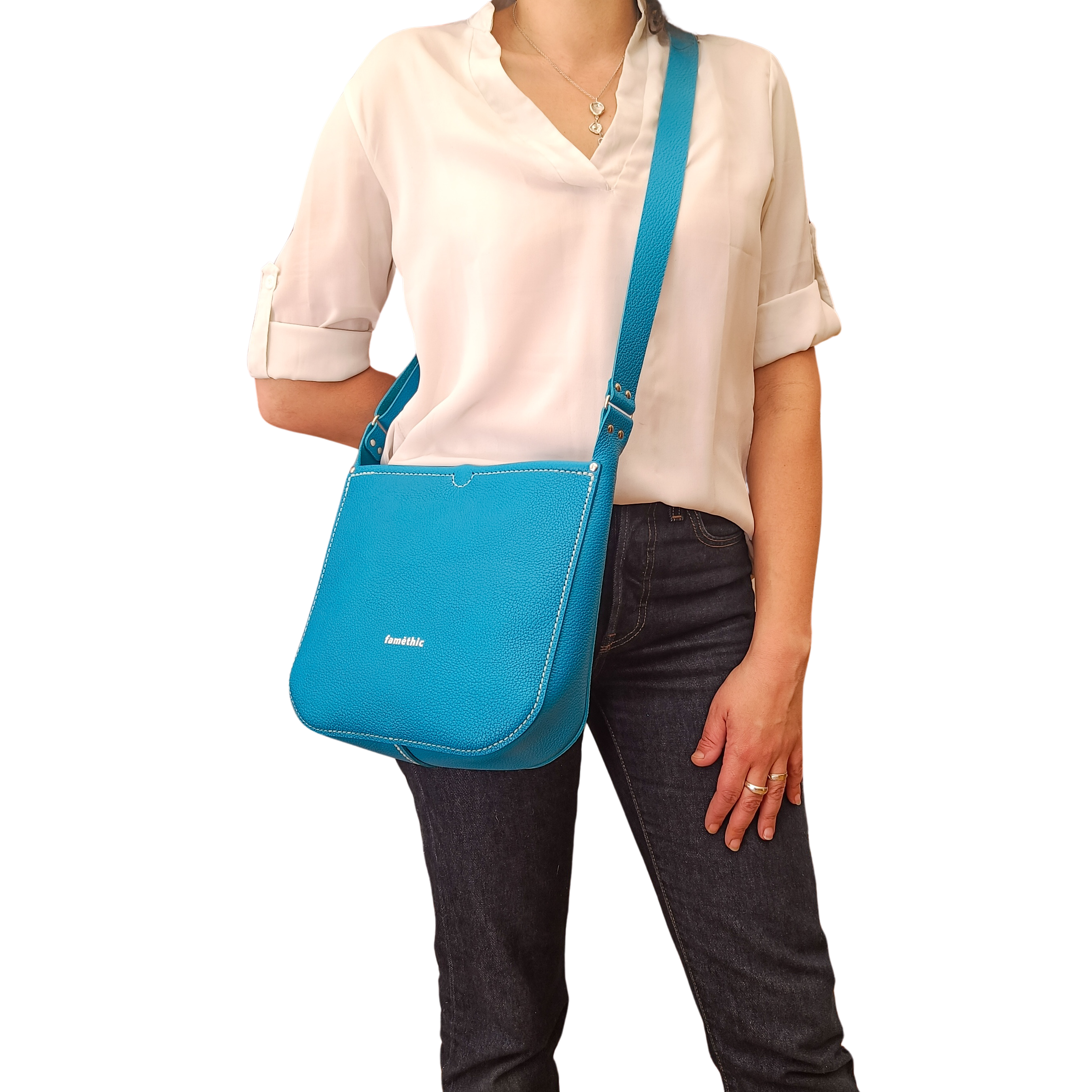 sac besace sac seau petit valériane turquoise cuir collection Marseille H2O faméthic maroquinerie