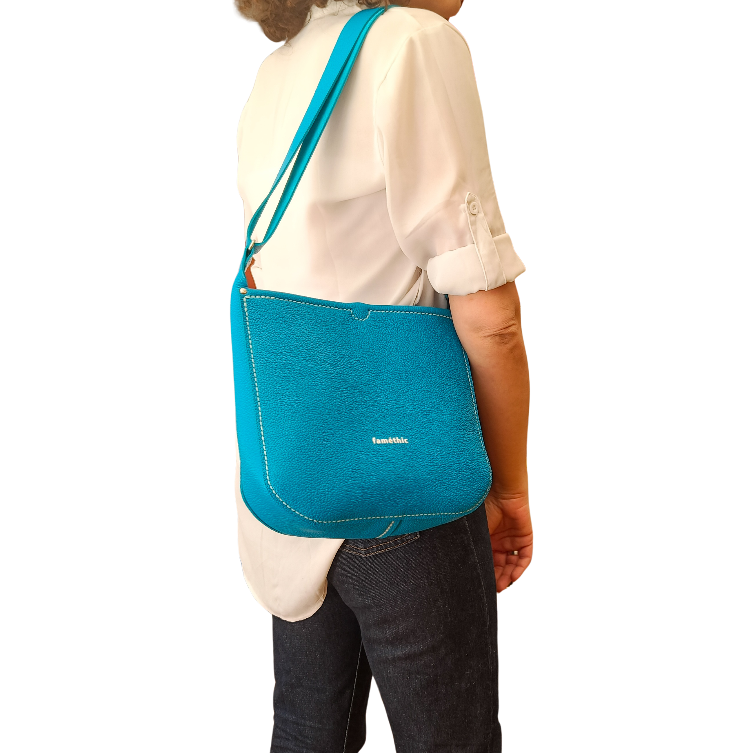 sac besace sac seau petit valériane turquoise cuir collection Marseille H2O faméthic maroquinerie