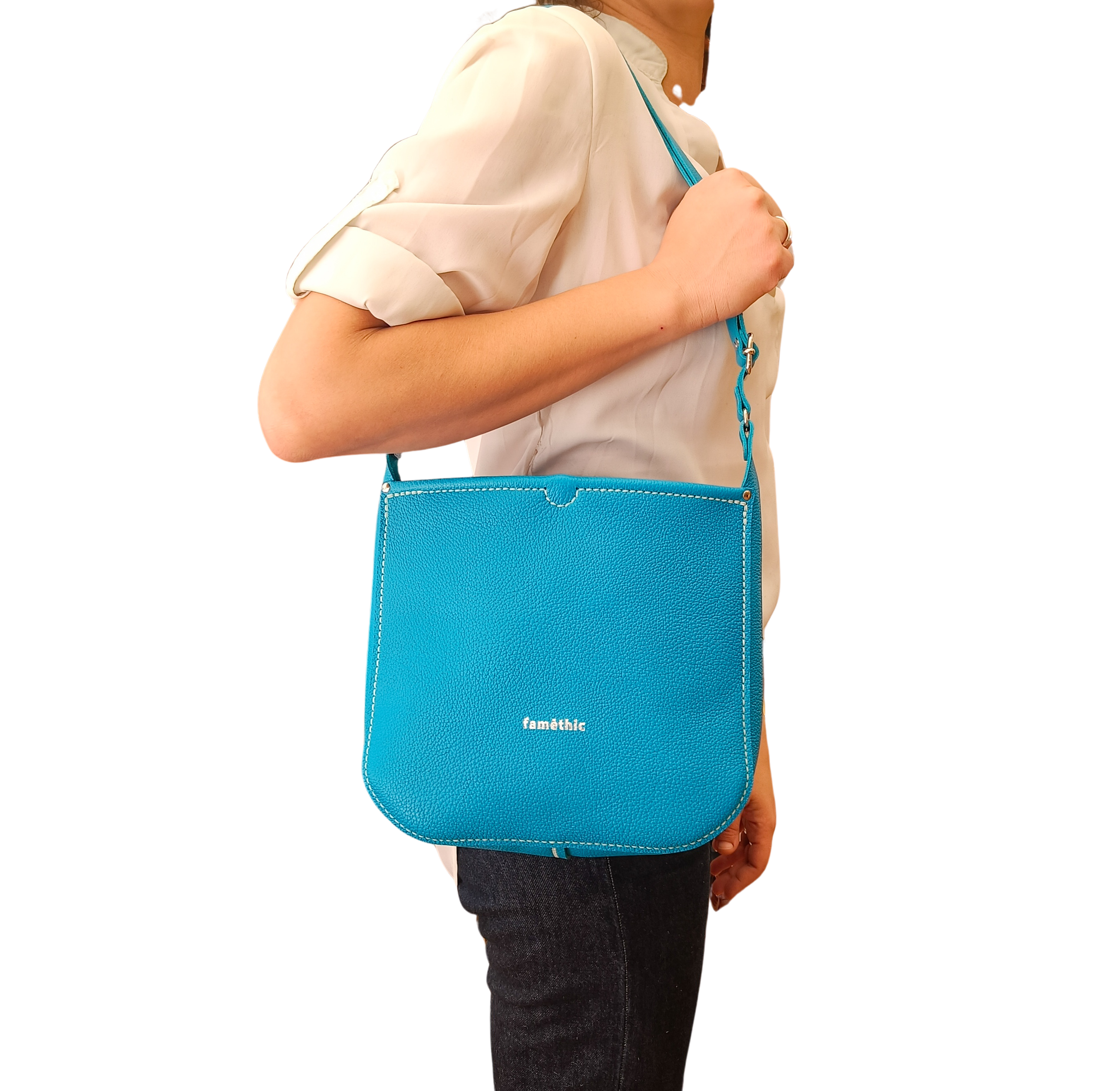 sac besace sac seau petit valériane turquoise cuir collection Marseille H2O faméthic maroquinerie