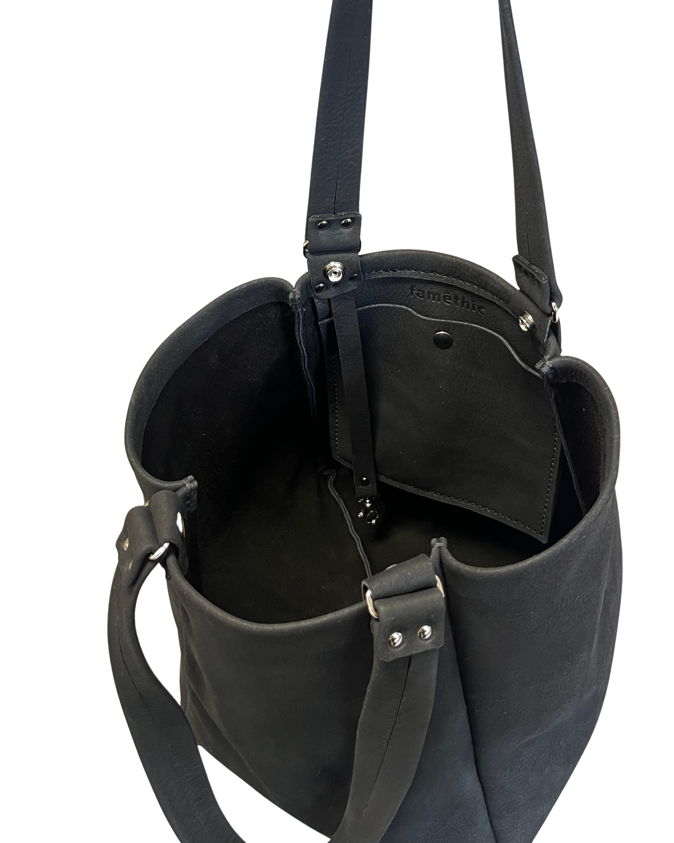 cabac en cuir de tourillon noir fabrication française de luxe maroquinerie faméthic