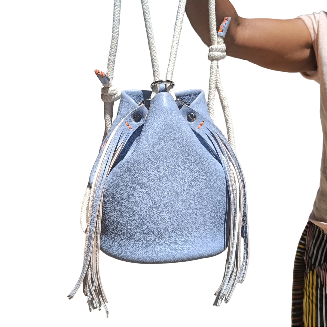 mini-camélée sac seau maroquinerie éthique responsable cuir sac à main frange collection optimiste faméthic marseille rose blanc bleu lavande