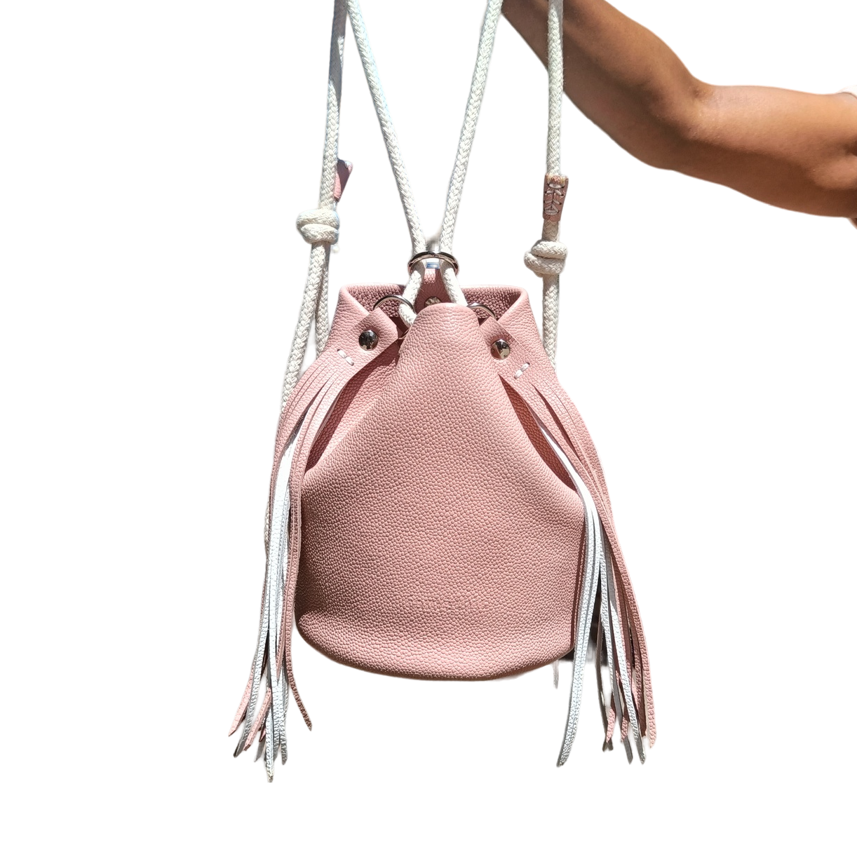 mini-camélée sac seau maroquinerie éthique responsable cuir sac à main frange collection optimiste faméthic marseille rose blanc bleu lavande
