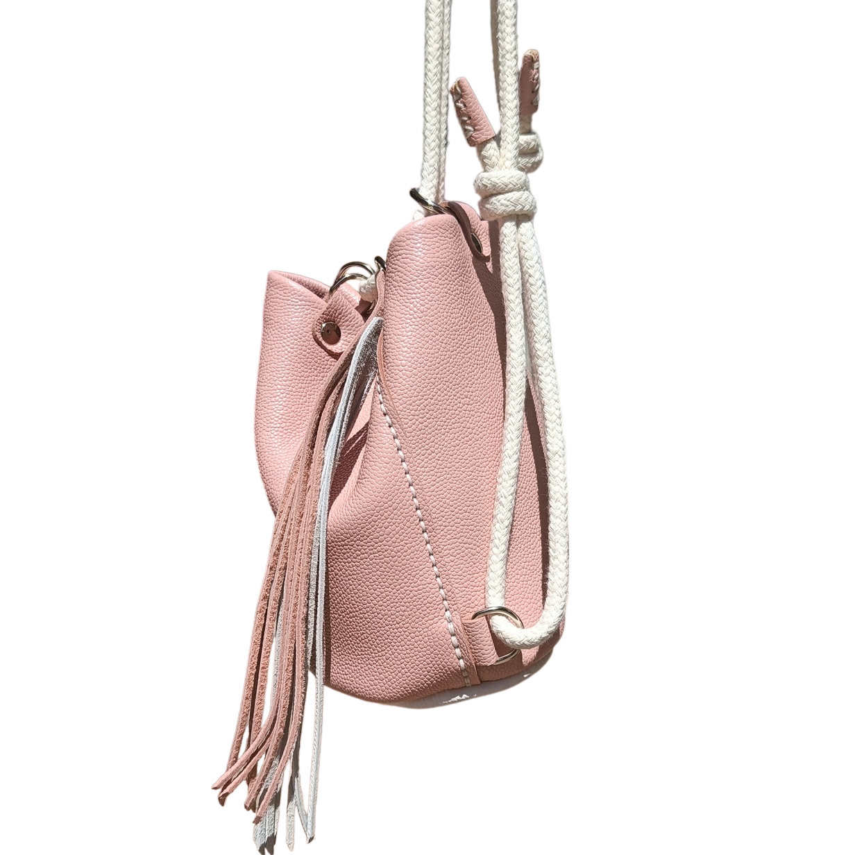 mini-camélée sac seau maroquinerie éthique responsable cuir sac à main frange collection optimiste faméthic marseille rose blanc bleu lavande