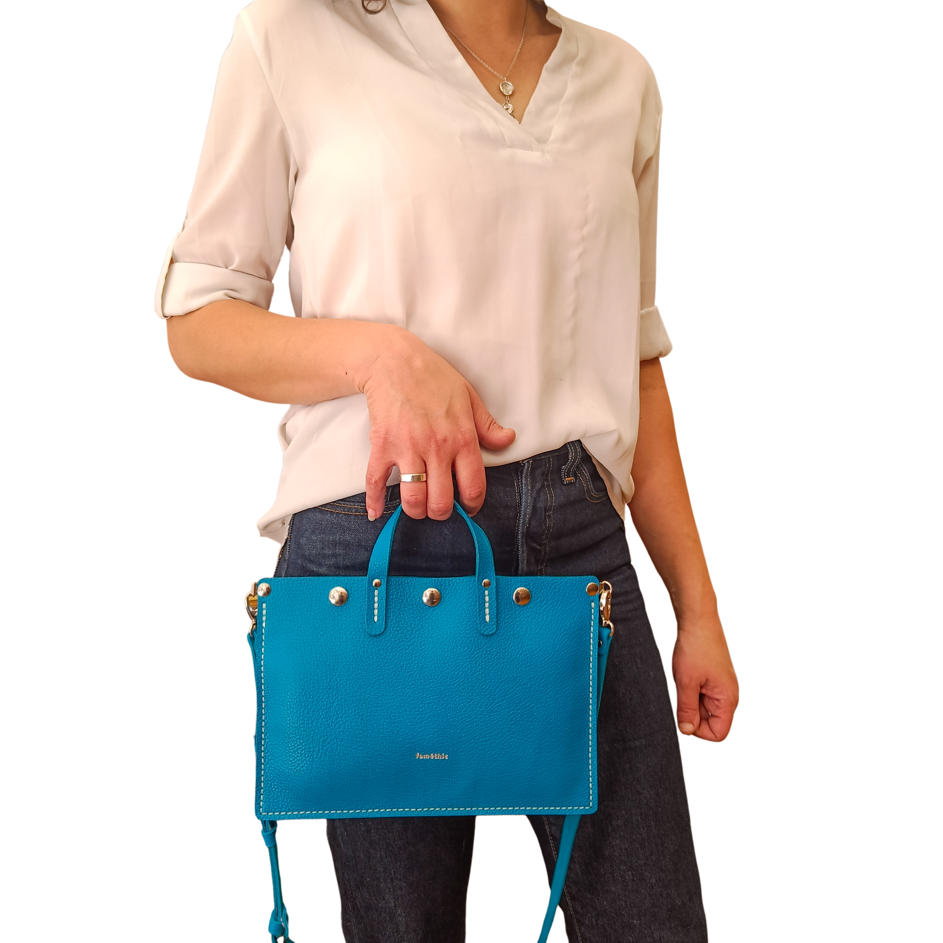 sac à main mini alfa cuir turquoise collection Marseille H2O faméthic maroquinerie