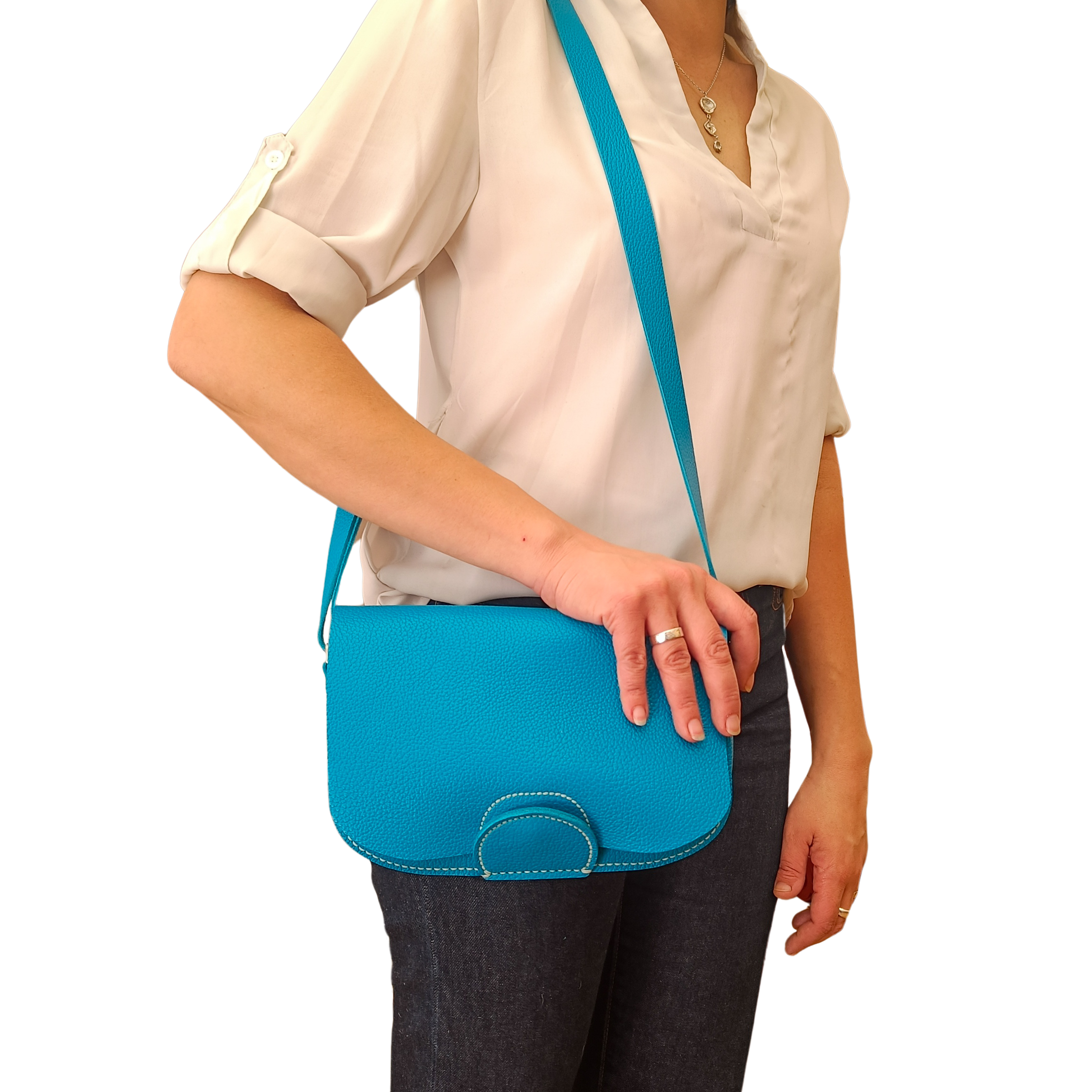 sac à main petite centaurée cuir turquoise collection Marseille H2O faméthic maroquinerie