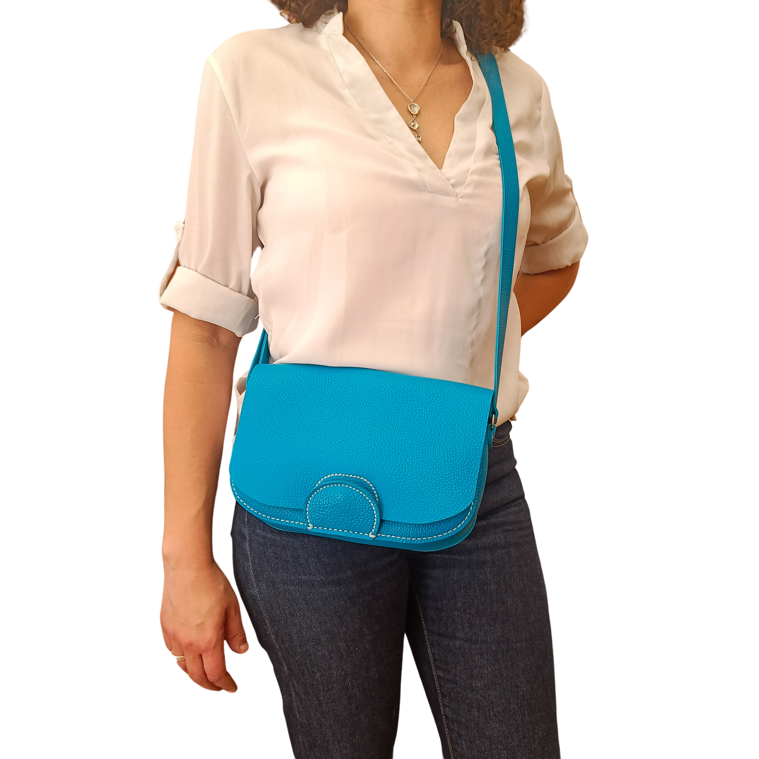 sac à main petite centaurée cuir turquoise collection Marseille H2O faméthic maroquinerie