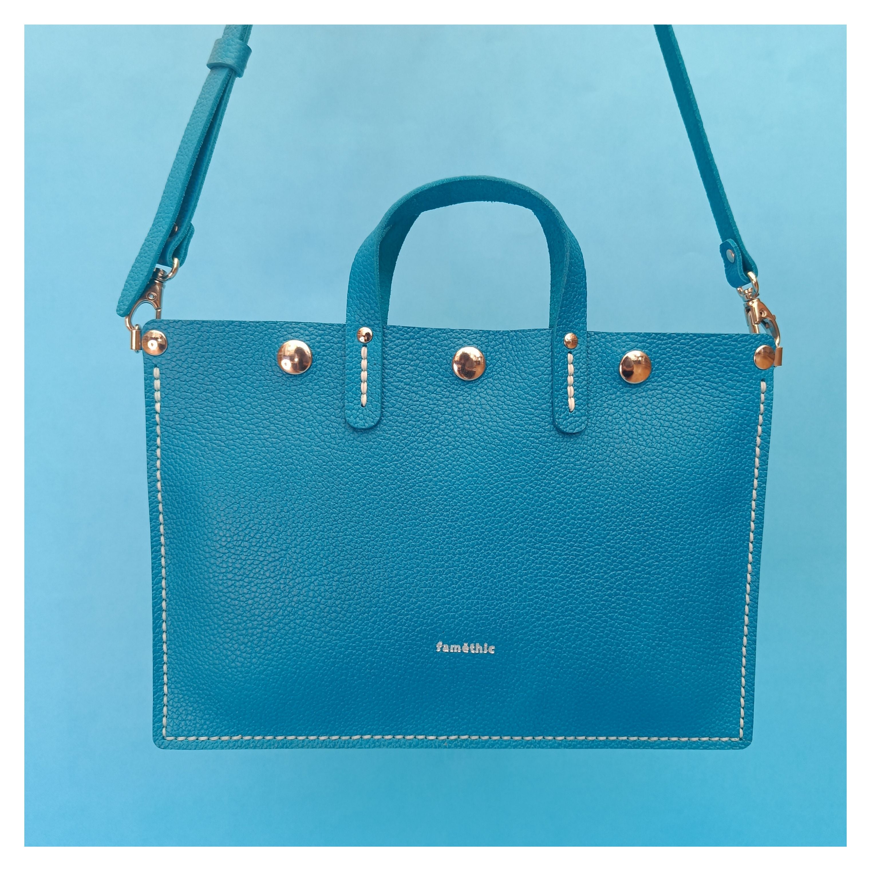 sac à main mini alfa cuir turquoise collection Marseille H2O faméthic maroquinerie