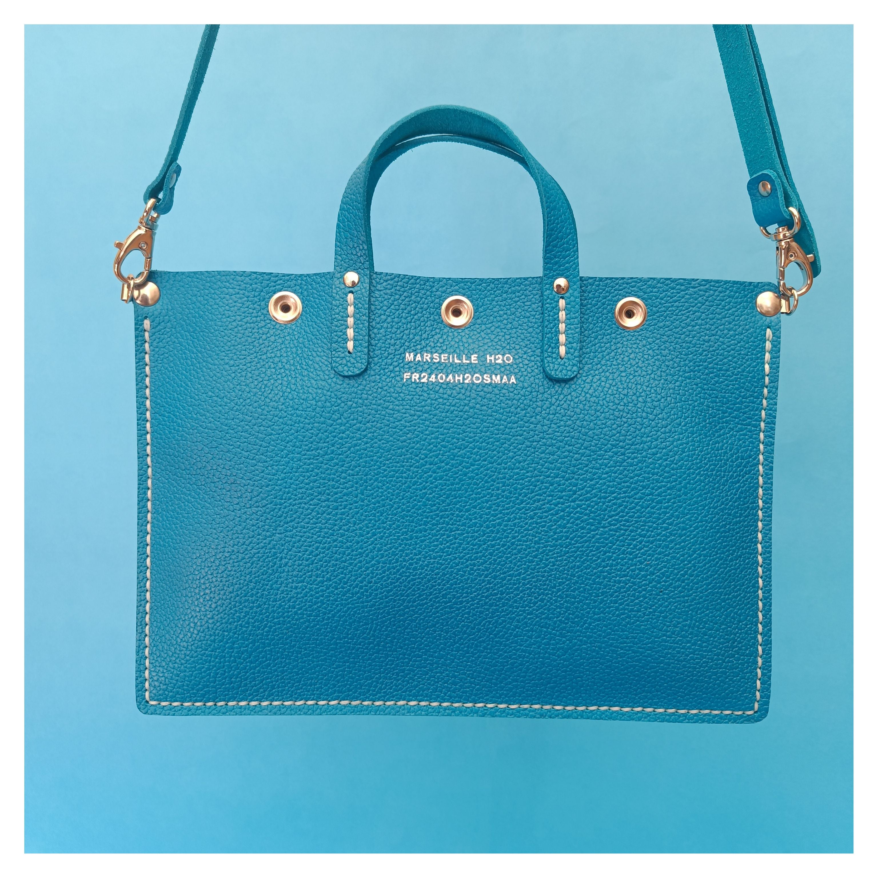 sac à main mini alfa cuir turquoise collection Marseille H2O faméthic maroquinerie