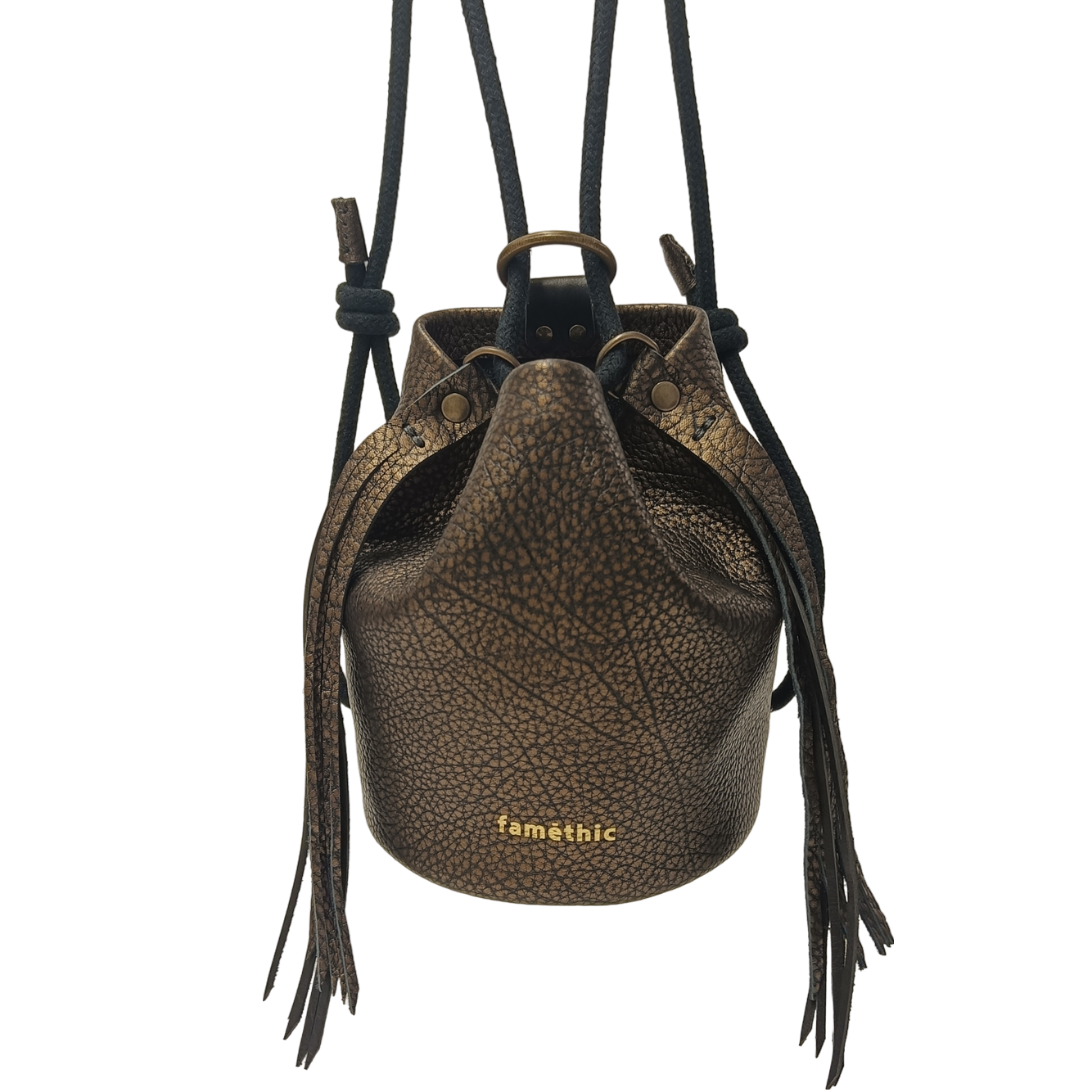 sac à dos bandoulière sac seau frange cuir français noir argenté bronze faméthic maroquinerie fabrication française made in france 